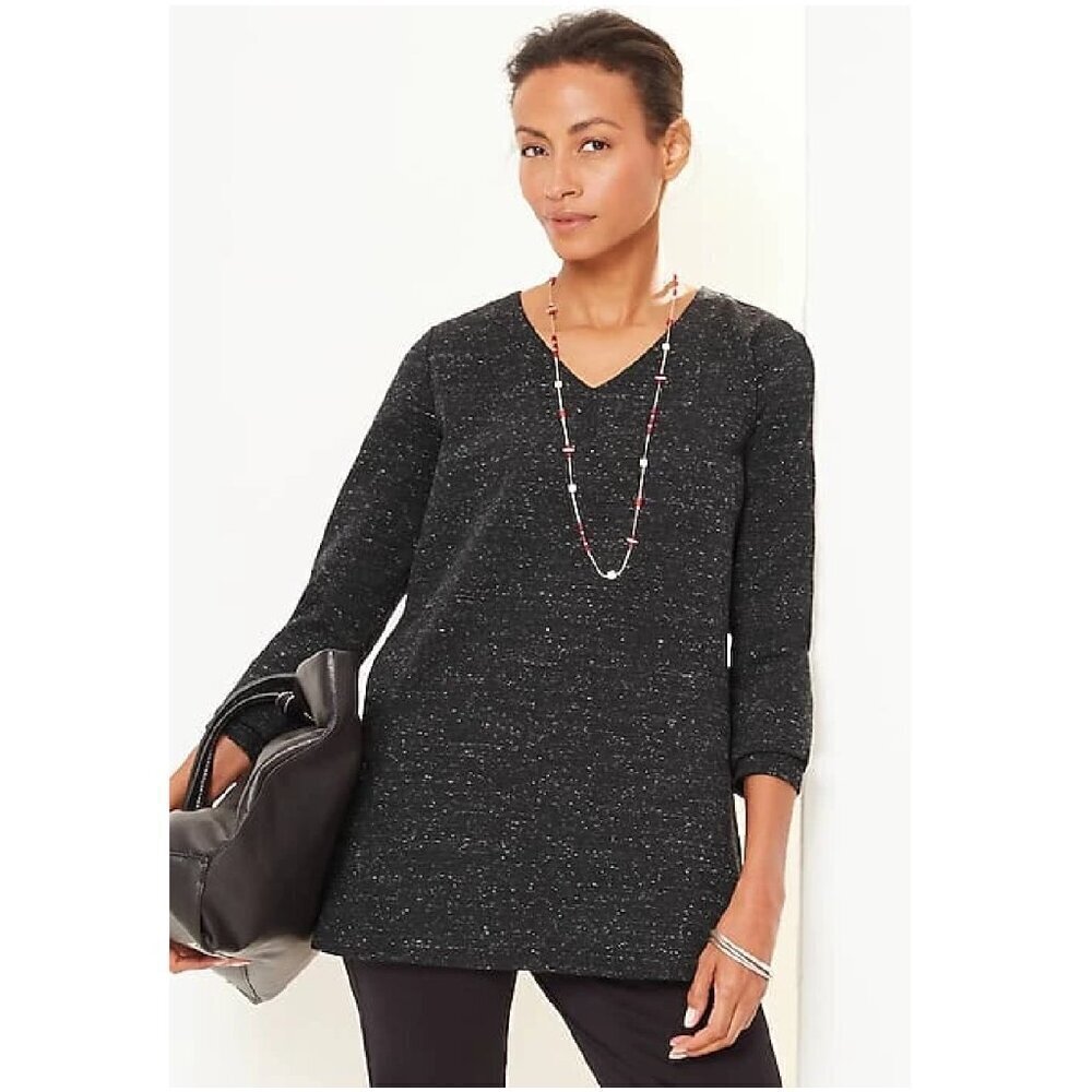 New J. Jill Wearever Double-Face Jersey V-Neck Side Slit Black Speck Tunic Top S